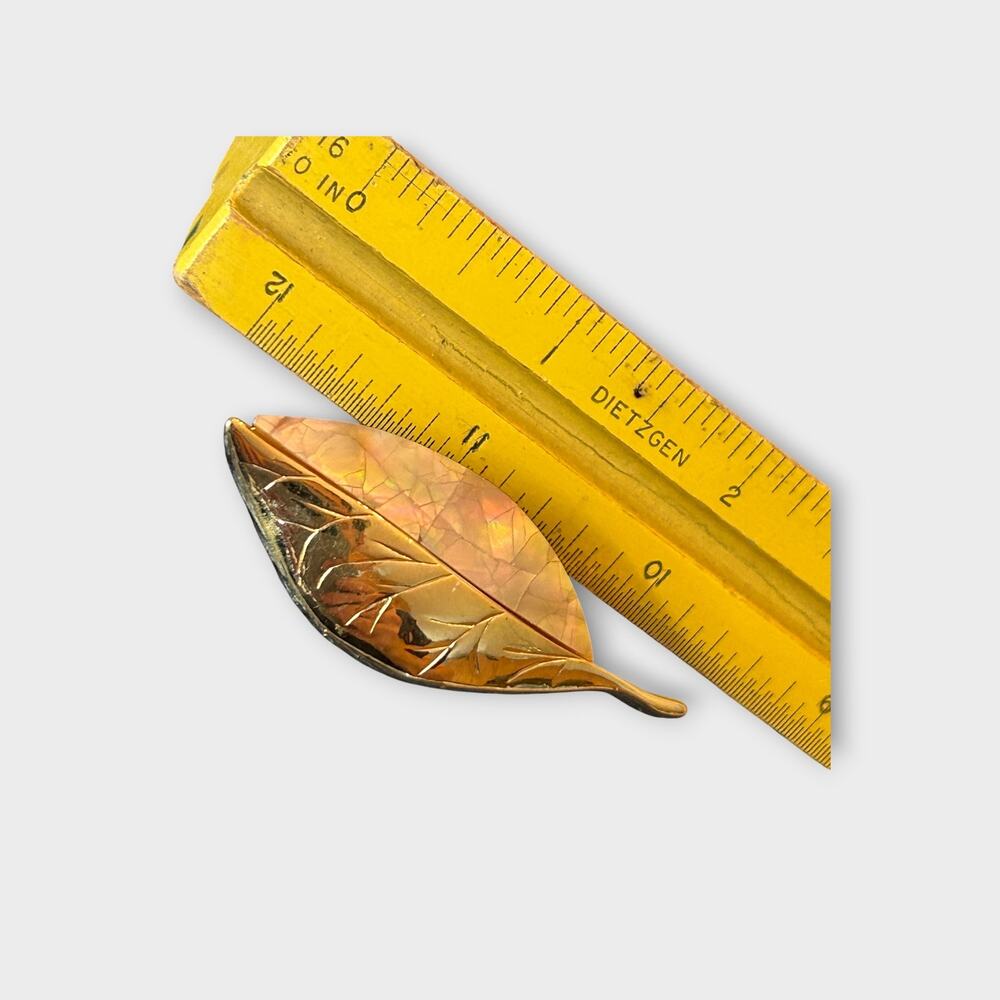 Signed LC Leaf Brooch Abalone Shell Inlay Gold Tone